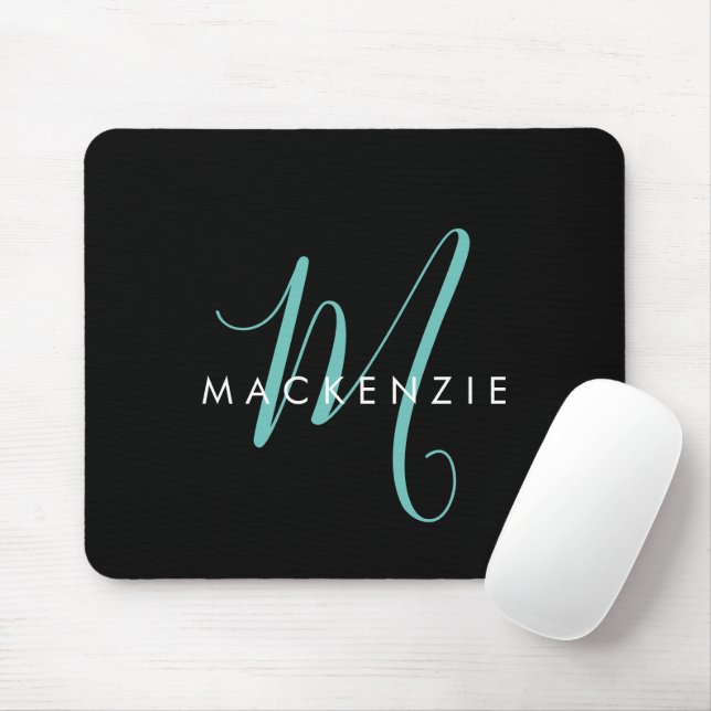 Mousepad Monograma de Script Teal Negro Moderno Elegante (Com mouse)