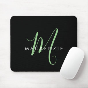 Mousepad Monograma de Script Verde Preto Moderno Elegante