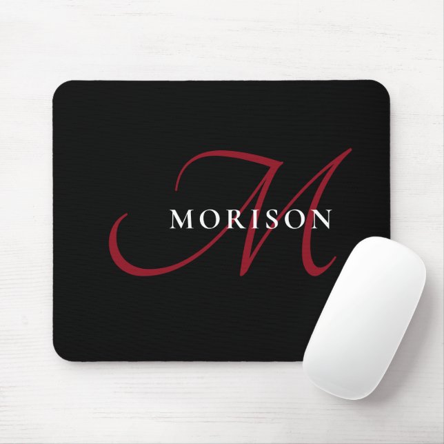 Mousepad Monograma de Script Vermelho Preto Moderno Elegant (Com mouse)