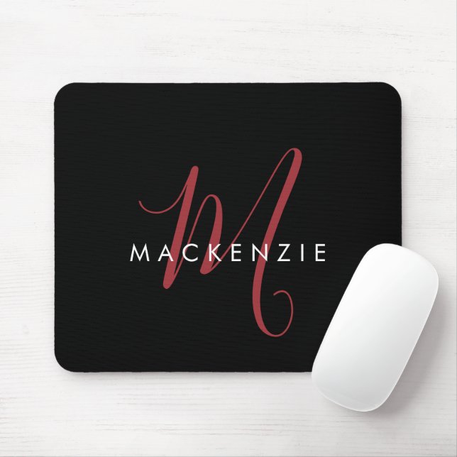 Mousepad Monograma de Script Vermelho Preto Moderno Elegant (Com mouse)