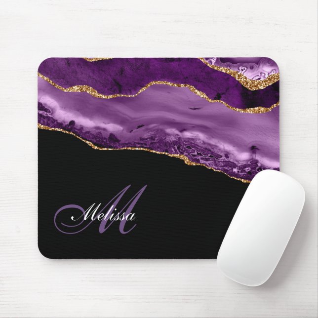 Mousepad monograma de tendências roxo e glitter dourado (Com mouse)