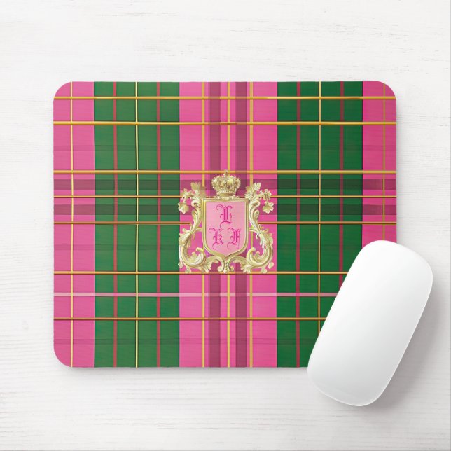 Mousepad Monograma de Xadrez Verde e Rosa Encantado (Com mouse)