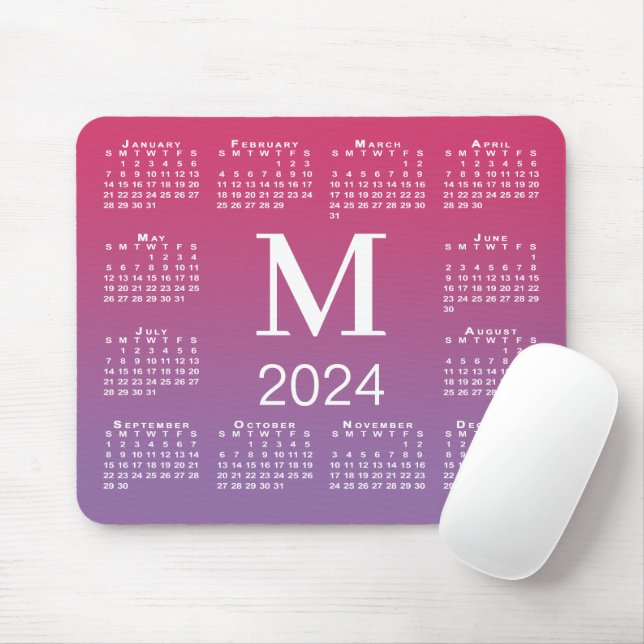Mousepad Monograma do Calendário 2024 no Gradiente Rosa a R (Com mouse)