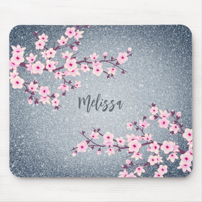 Mousepad Monograma do Flor de Cerejeira Azul-Cinzento (Frente)