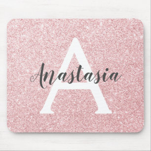 Mousepad Monograma do Glitter Dourado com Rosa de Chic e Tr