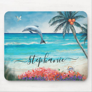 Mousepad Monograma do Golfinho de Paisagem em Água na Praia