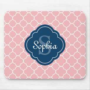 Mousepad Monograma do Marinho do Padrão Quatrefoil Rosa