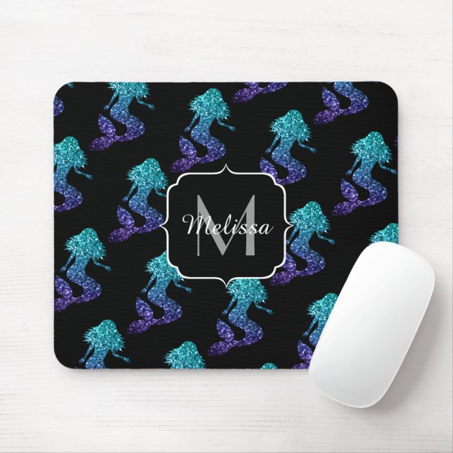 Mousepad Monograma do Mermaid aqua blue ombre Sparkles (Com mouse)