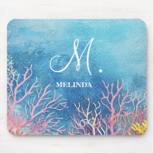 Mousepad Monograma do Motif do Mar Azul Moderno