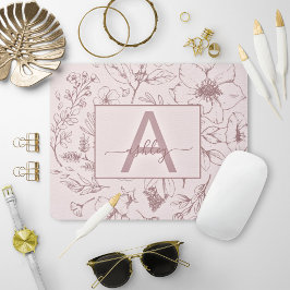 Mousepad Monograma do Nome de Script Floral Rosa Rosa de Ch