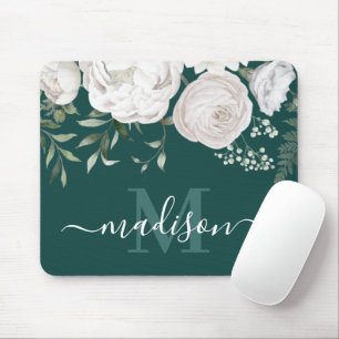 Mousepad Monograma do Nome Floral Branco Personalizado