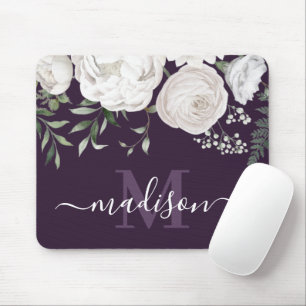 Mousepad Monograma do Nome Floral Branco Púrpura Personaliz