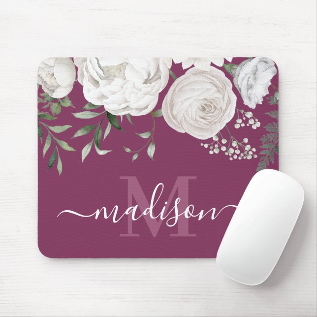 Mousepad Monograma do Nome Floral Branco Rosa Personalizado (Com mouse)