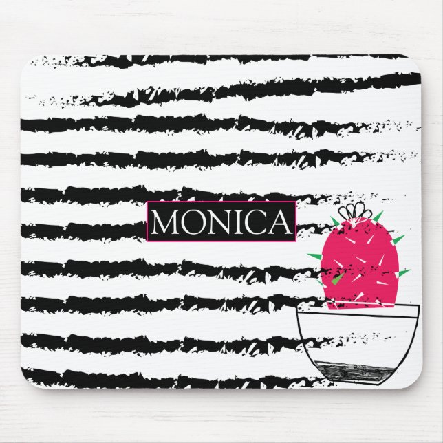 Mousepad Monograma do padrão branco preto Cactus (Frente)
