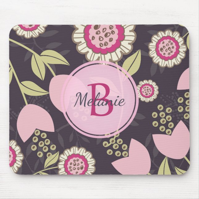 Mousepad Monograma do Padrão da Tulipa Floral Rosa Moderna (Frente)