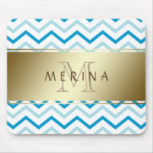 Mousepad Monograma do Padrão Dourado Teal Beach Chevron