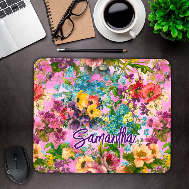Mousepad Monograma do padrão floral rosa púrpura da vinheta (Criador carregado)