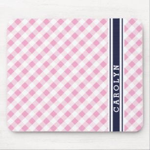Mousepad monograma do padrão gingham do marinho rosa-pré-di
