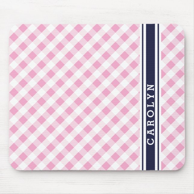 Mousepad monograma do padrão gingham do marinho rosa-pré-di (Frente)