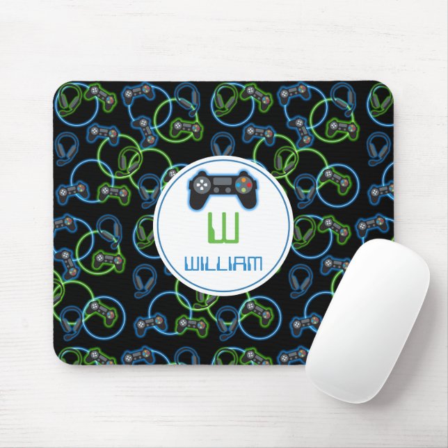 Mousepad Monograma do padrão verde e azul Neon para jogos d (Com mouse)