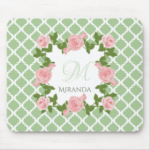 Mousepad Monograma do rosa do rosa de Quatrefoil do verde