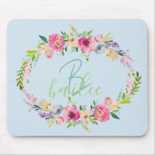 Mousepad Monograma do Script do Nome Floral Azul Boho Paste