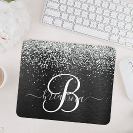 Mousepad Monograma do Sparkle Preto com Glitter de Prata Pe