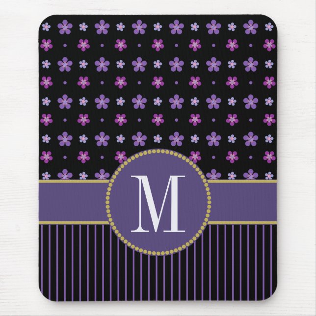 Mousepad Monograma Dourado, bonito, Preto, Floral Riscado (Frente)