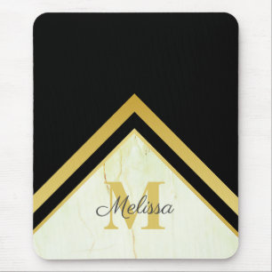 Mousepad Monograma Dourado Chevron Preto Elegante
