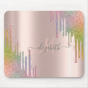 Mousepad Monograma Dourado com Rosa de Arco-Íris Moderno