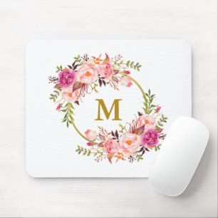 Mousepad Monograma Dourado de Fita Floral Cor-de-Água Rosa