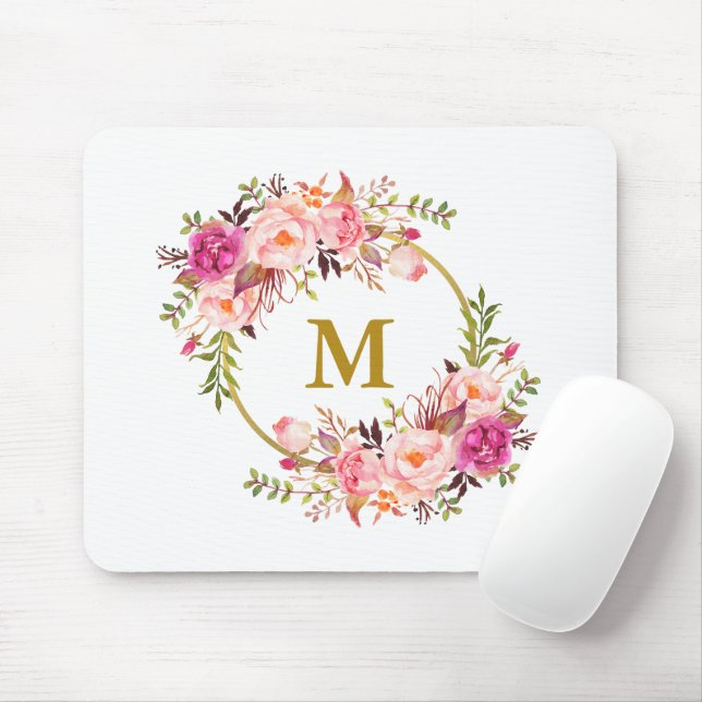 Mousepad Monograma Dourado de Fita Floral Cor-de-Água Rosa (Com mouse)