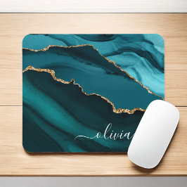 Mousepad Monograma Dourado de Geodo Azul Aqua Azul