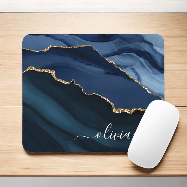 Mousepad Monograma Dourado de Geodo Azul do marinho (Criador carregado)
