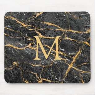 Mousepad Monograma Dourado de Mármore preto Elegante moder