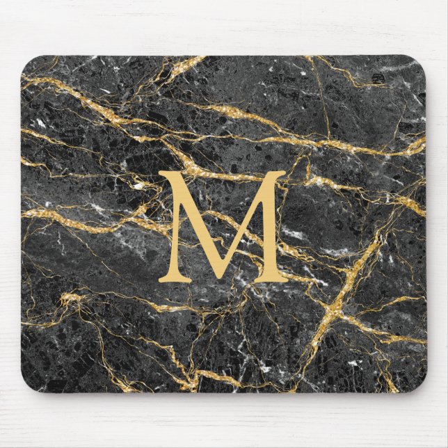 Mousepad Monograma Dourado de Mármore preto Elegante modern (Frente)