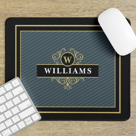 Mousepad Monograma Dourado de Pinstripe preto Elegante