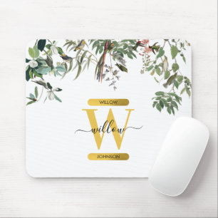 Mousepad Monograma Dourado Elegante Eucalyptus Greenery & B