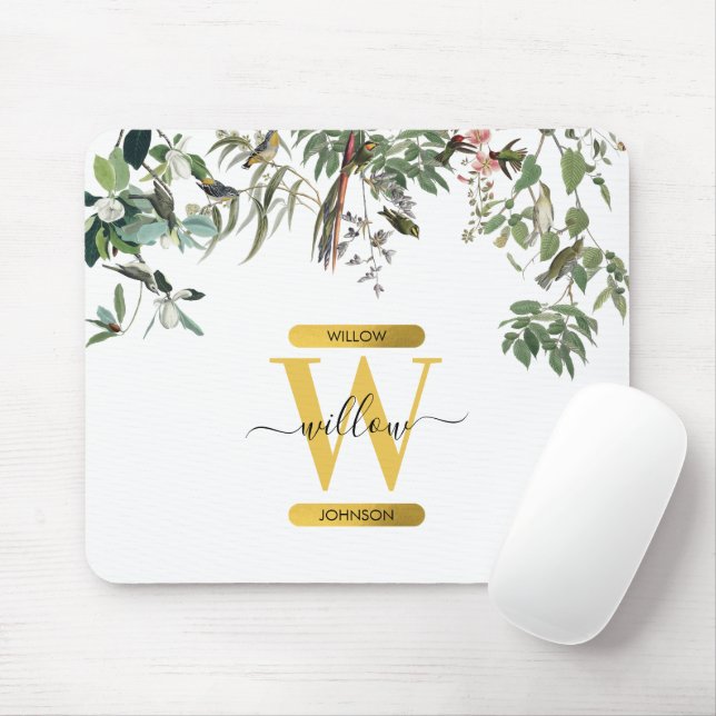 Mousepad Monograma Dourado Elegante Eucalyptus Greenery & B (Com mouse)