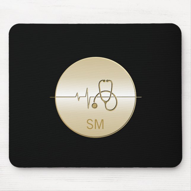 Mousepad Monograma Dourado Estetoscópio Médico Preto (Frente)