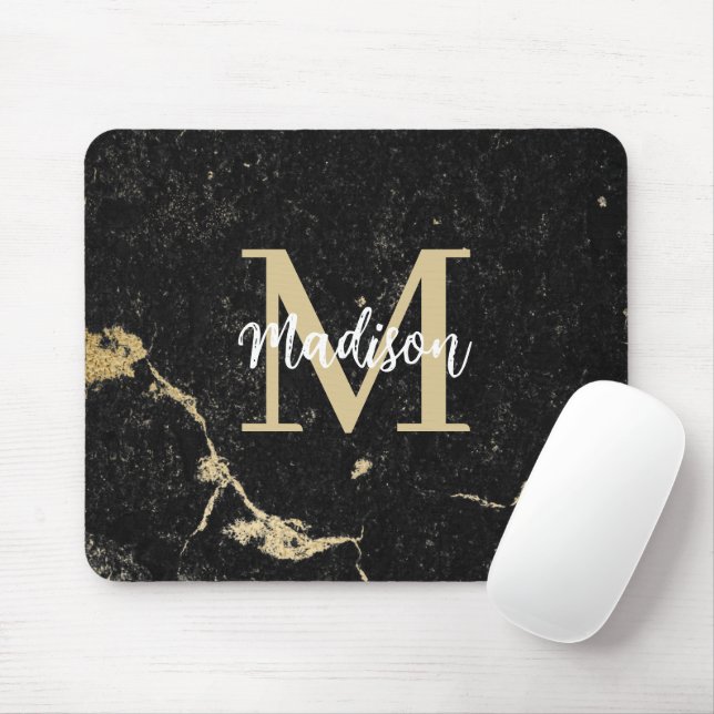 Mousepad Monograma Dourado Mármore Negro Moderno (Com mouse)