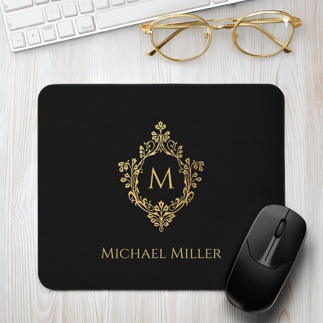 Mousepad Monograma Dourado Preto Crest. Vintage Inicial Ele (Criador carregado)