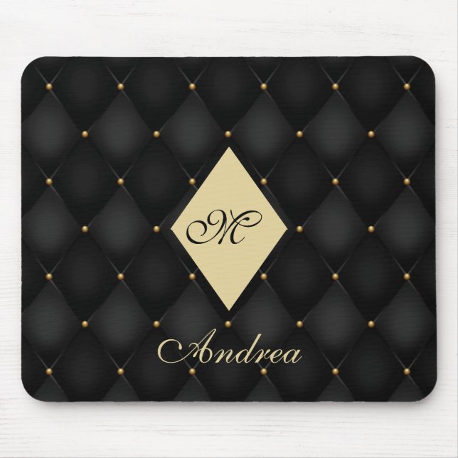 Mousepad Monograma Dourado preto elegante tufado (Frente)