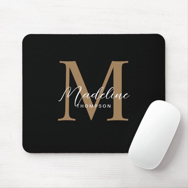 Mousepad Monograma Dourado Preto Mínimo Moderno (Com mouse)