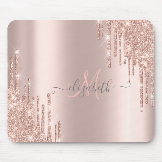 Mousepad Monograma Dourado Rosa com Efeito de Gotas Brilhan (Frente)