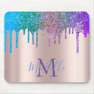 Mousepad Monograma Dourado Rosa com Gotas de Brilho Arco-Ír