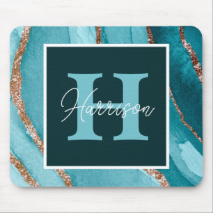 Mousepad Monograma e Nome da Tinta de Álcool Dourada Teal