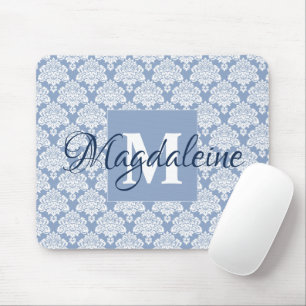 Mousepad Monograma e Nome do Damasco Azul e Lacy Branco