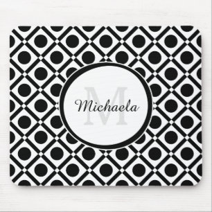 Mousepad Monograma e Nome Geométrico Moderno Preto e Branco