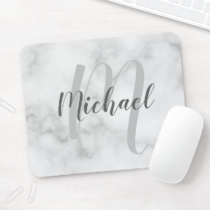 Mousepad Monograma e Nome Personalizados de Marble Branco